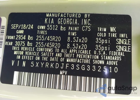 2025 Kia Sorento X-Line Sx из США, поврежденный, VIN 5XYRKDJF3SG332510